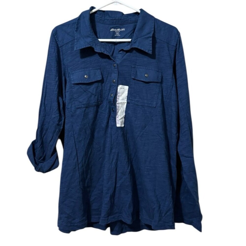 Eddie Bauer Women Sz XXL‎ Blue 3/4 Buttons Long Sleeve Tunic Shirt Pockets NWT
